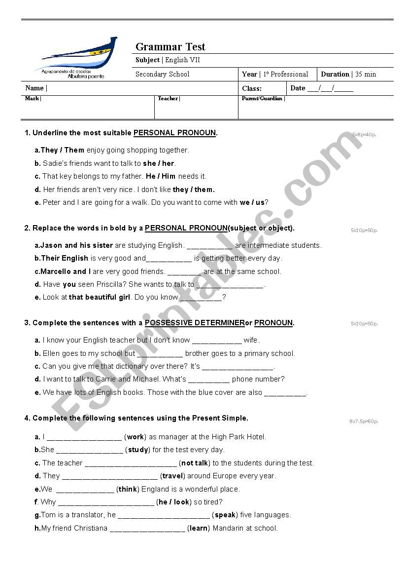 Grammar Test worksheet