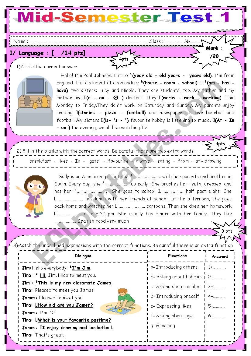 Mid- Semester Test 1 worksheet