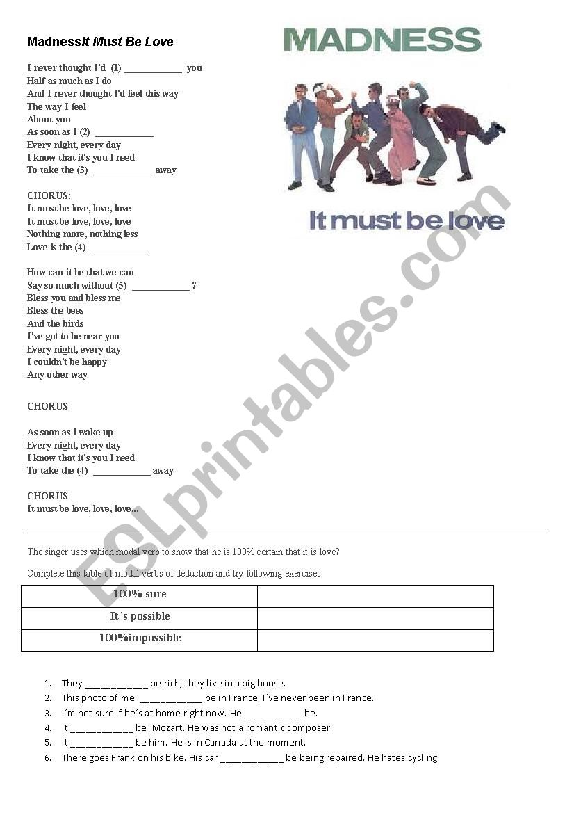 it must be love madness song modals of deduction exercise esl worksheet by smccarthy00
