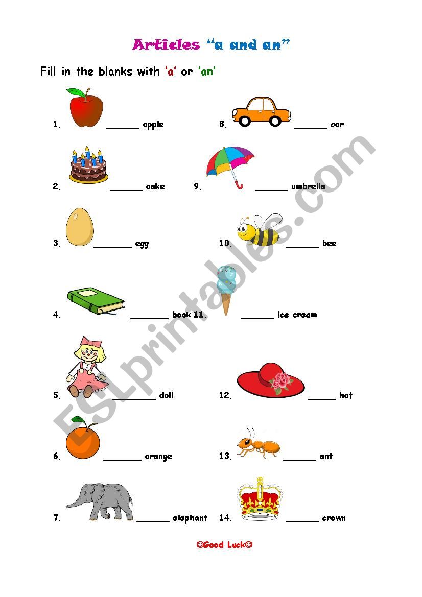 articles a or an for easy level