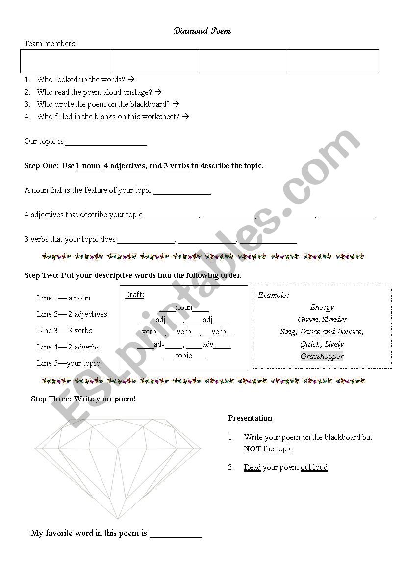Diamond Poem worksheet