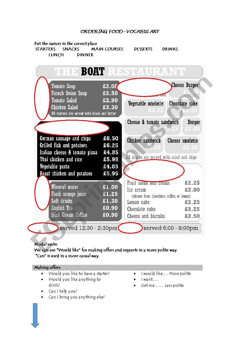 ORDERING FOOD worksheet