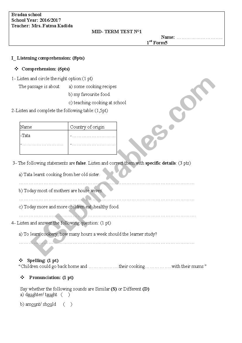 1st year mid term test n 1 worksheet