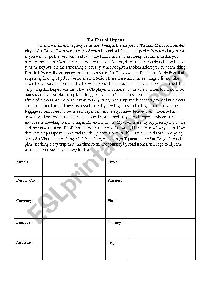 The Fear of Airports worksheet