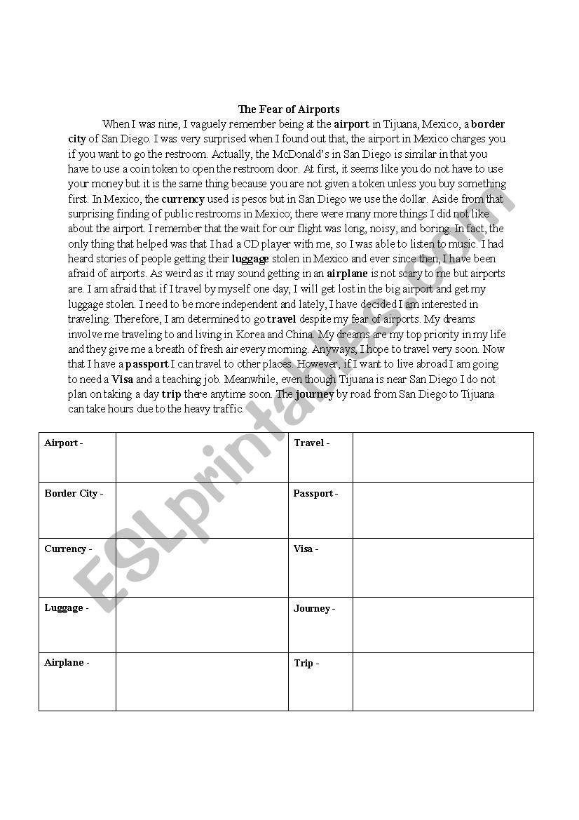 The Fear of Airports worksheet