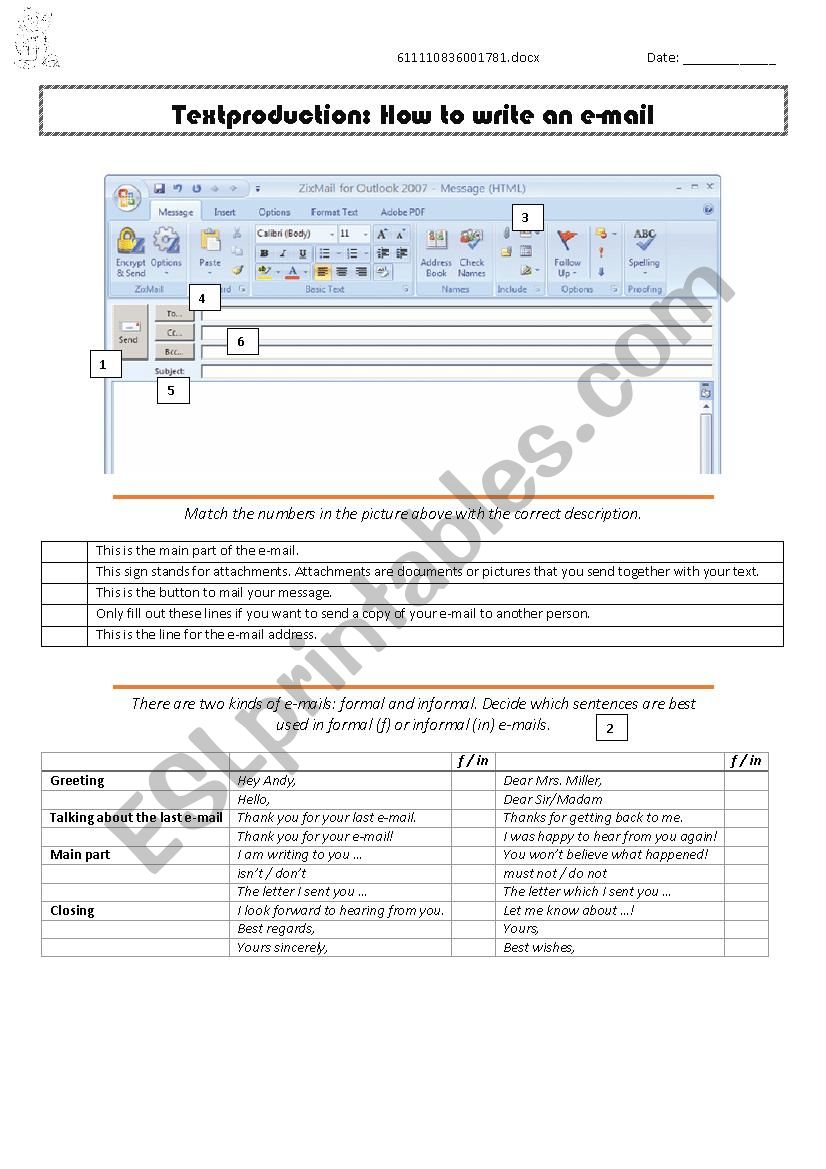 How to write an e-mail worksheet