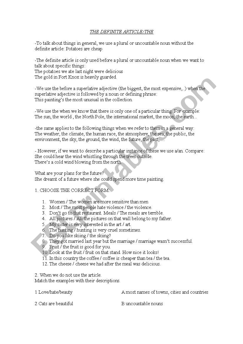 the definite article worksheet