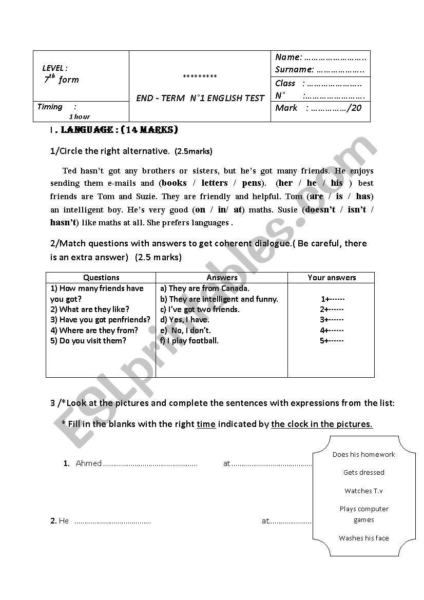 End-term Test n 1 worksheet