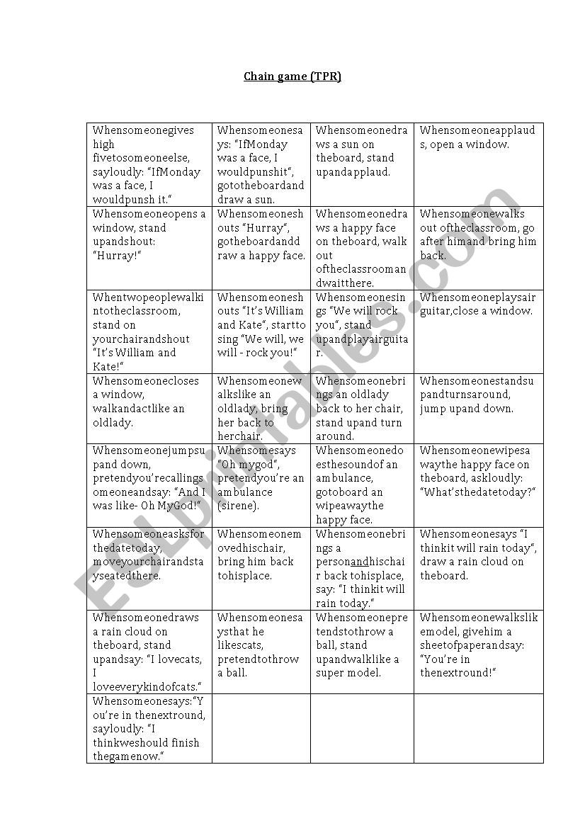 Chain game  worksheet