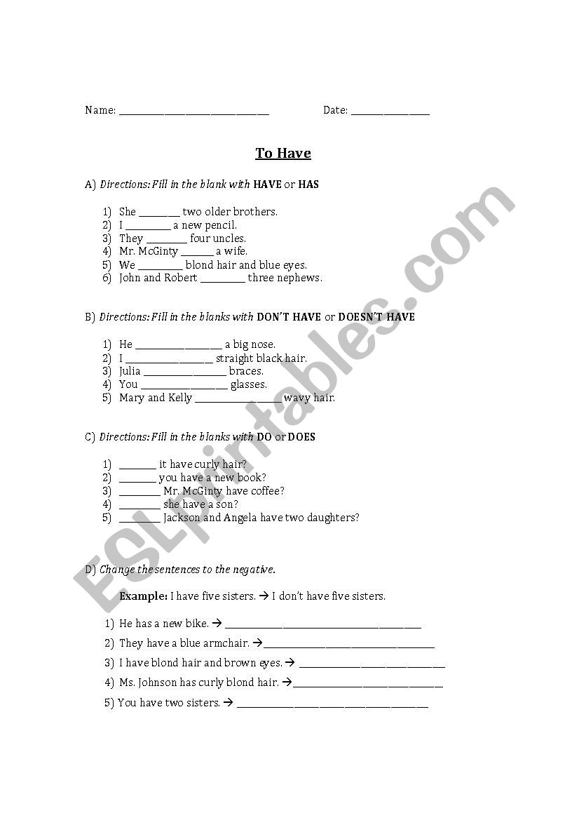 Has and Have worksheet