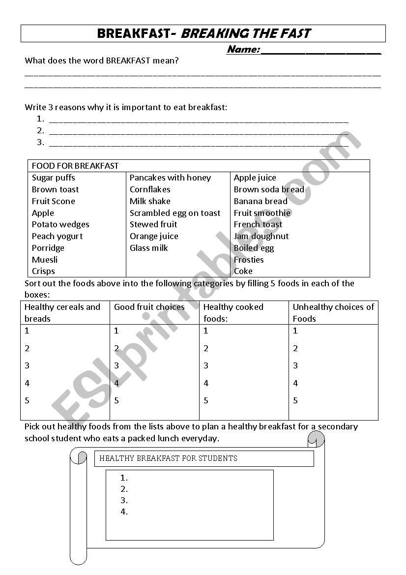 Breakfast worksheet worksheet