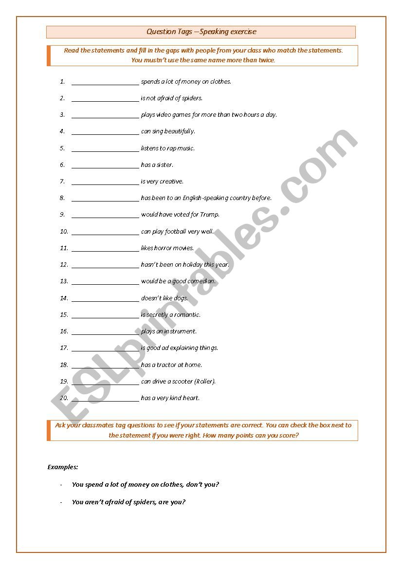 Question Tags Exercise worksheet