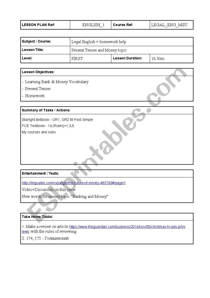 Lesson plan for Legal english & economics