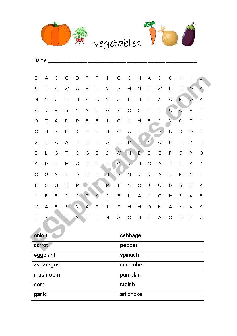 Word Search Vegetables worksheet