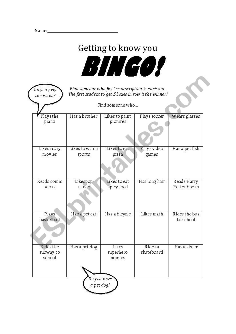 BINGO Getting to know you worksheet