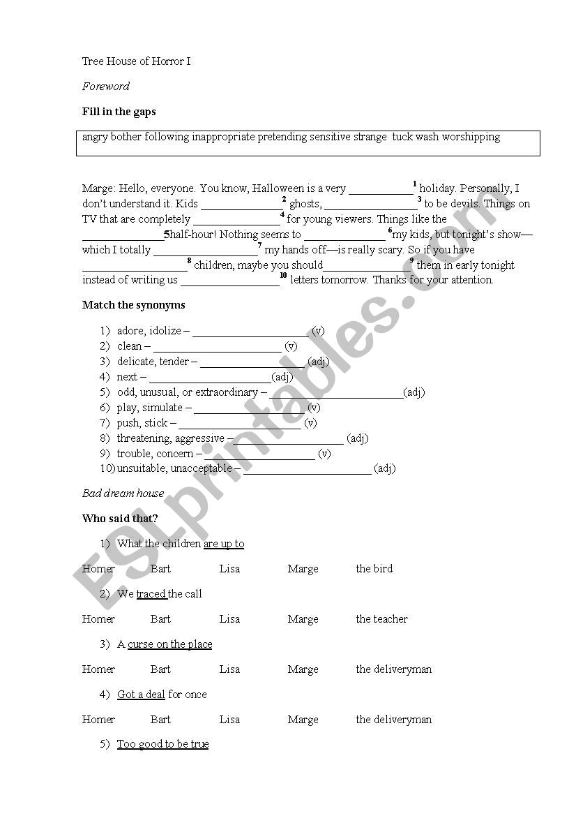 Treehouse of Horror 1 worksheet