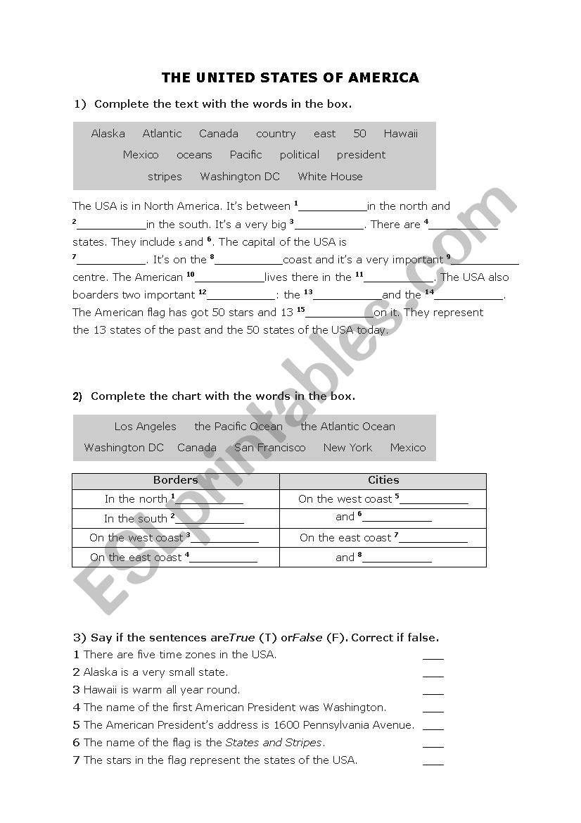 The United States of America worksheet