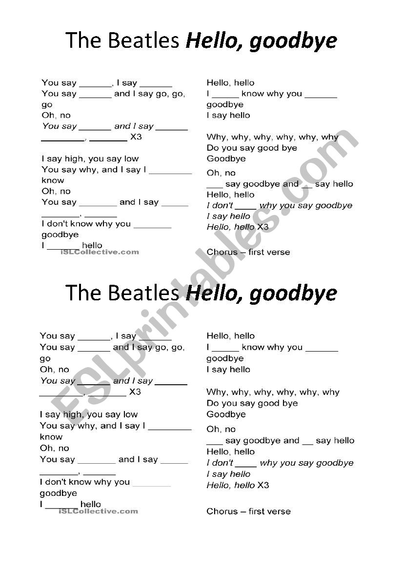 Hello Goodbye worksheet