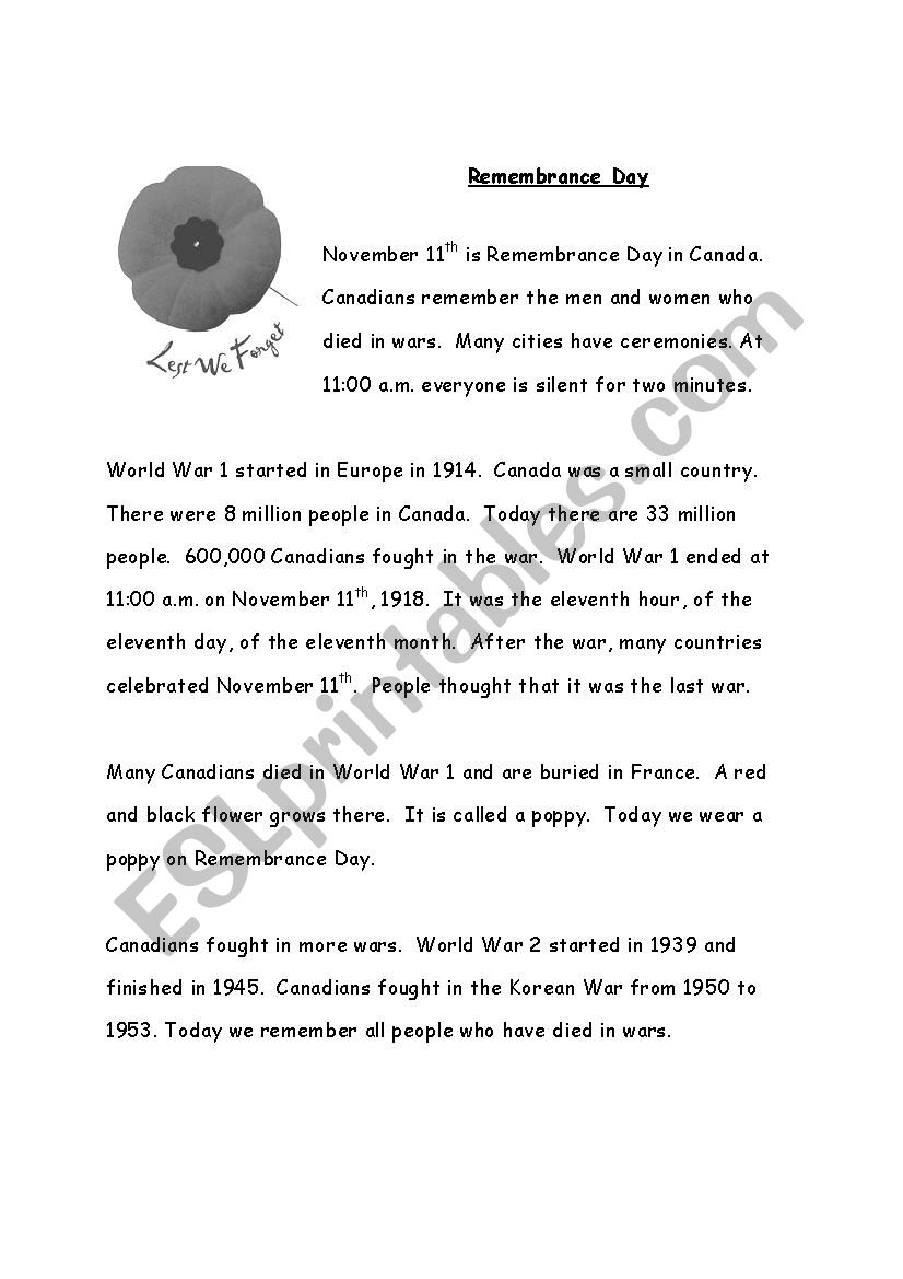Remembrance Day, Canada worksheet