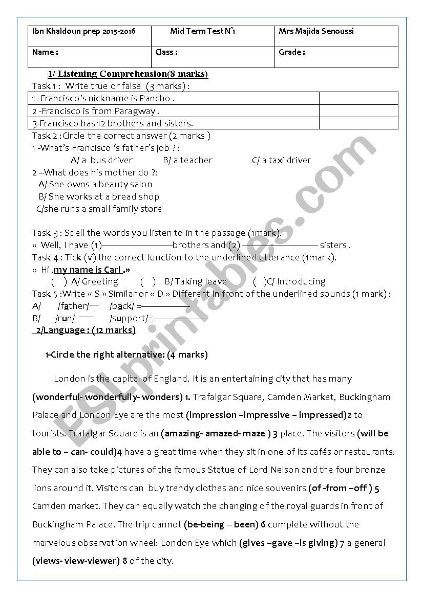 8th form mid semester test1 worksheet