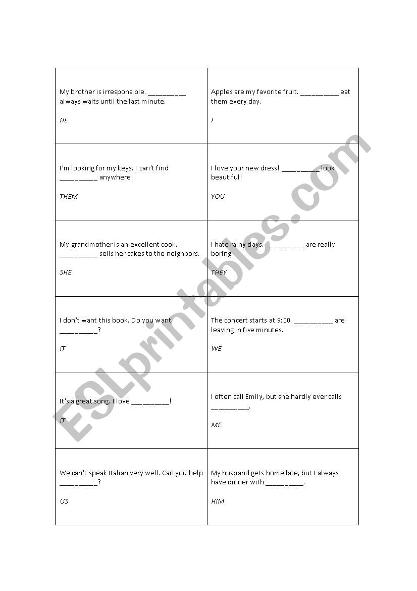 Subject/Object Pronoun Snap worksheet