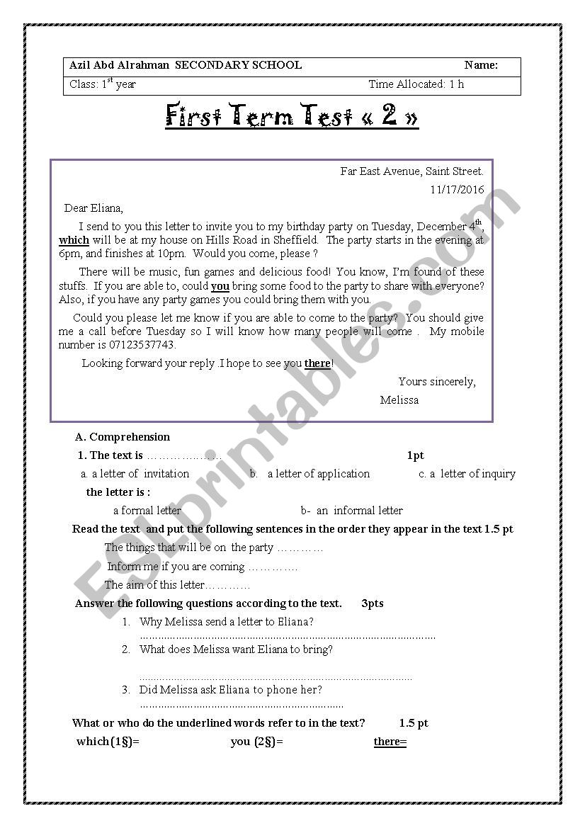 birthday invitation test  worksheet