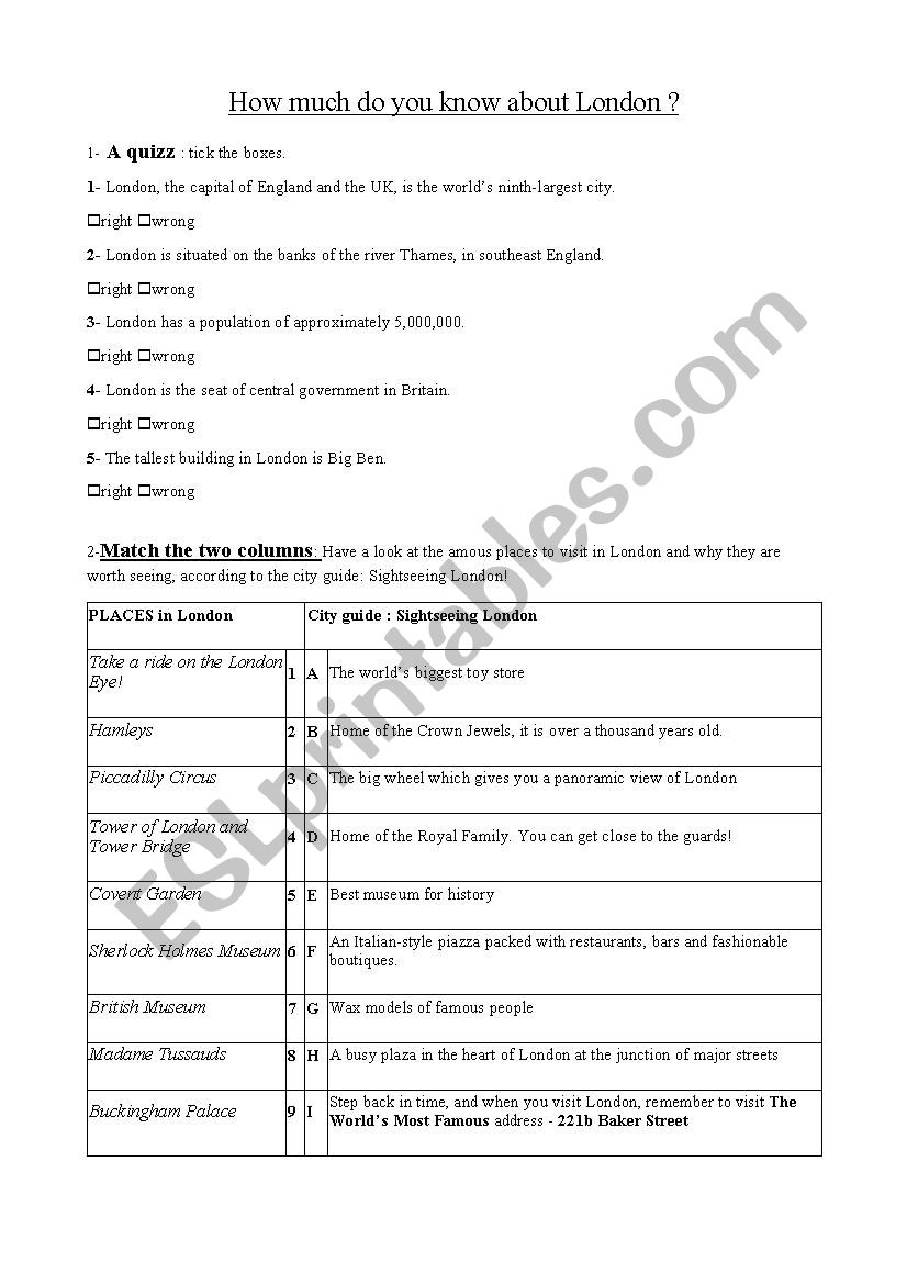 How much do you about london worksheet