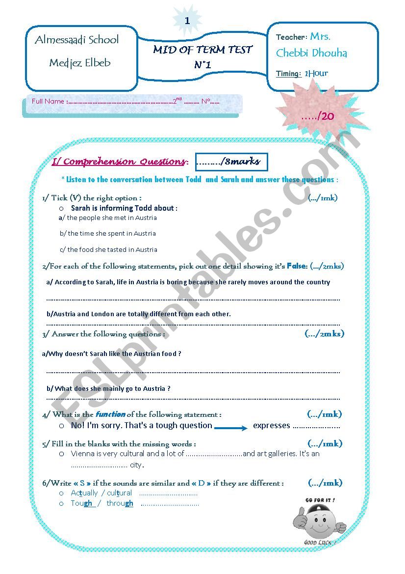 mid-term-test 1, 2nd form worksheet