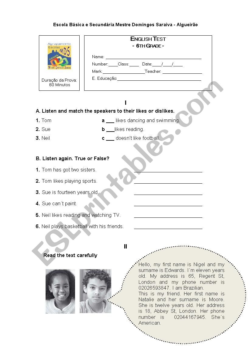 English Test 6th  worksheet