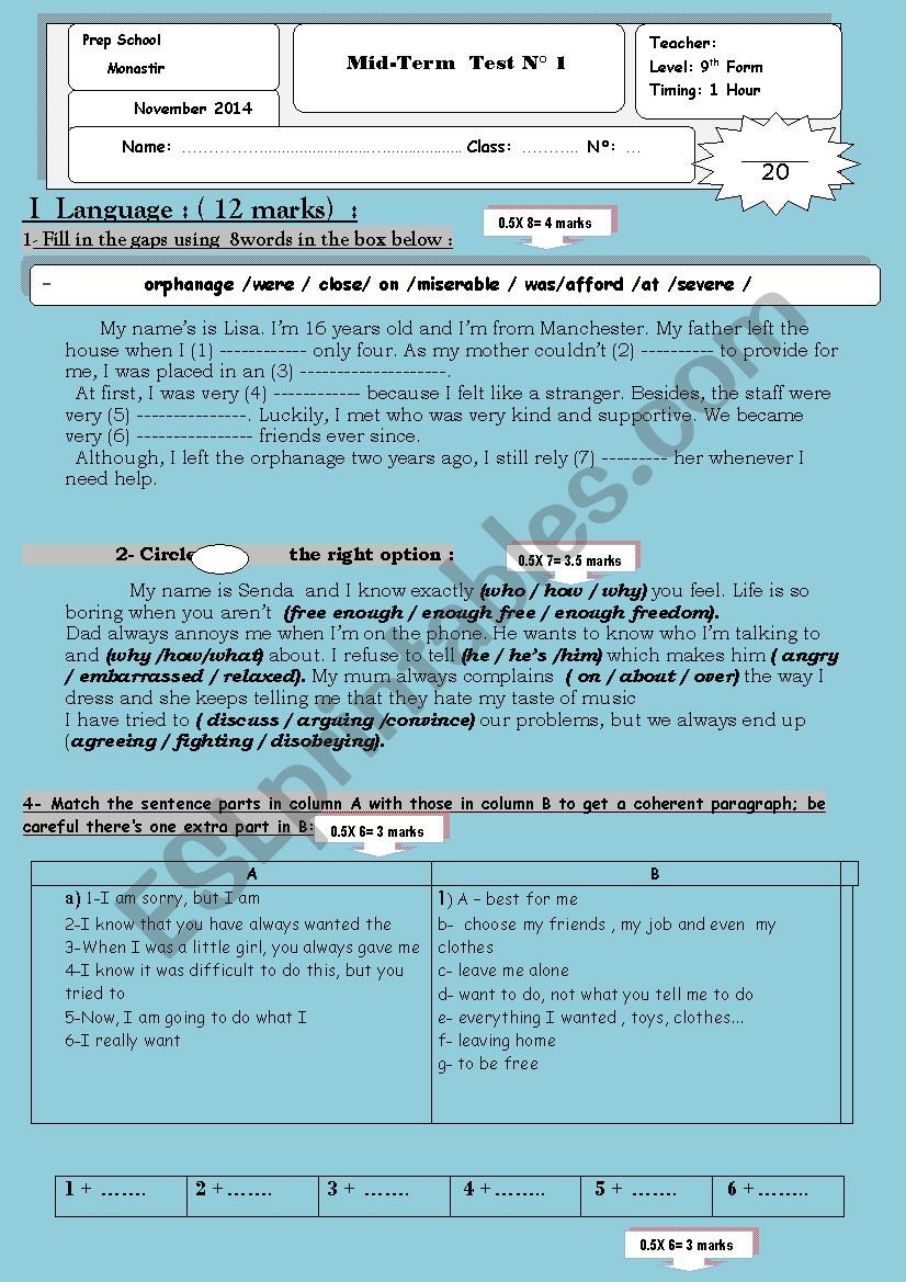   mid- term test 1 9th grade  worksheet