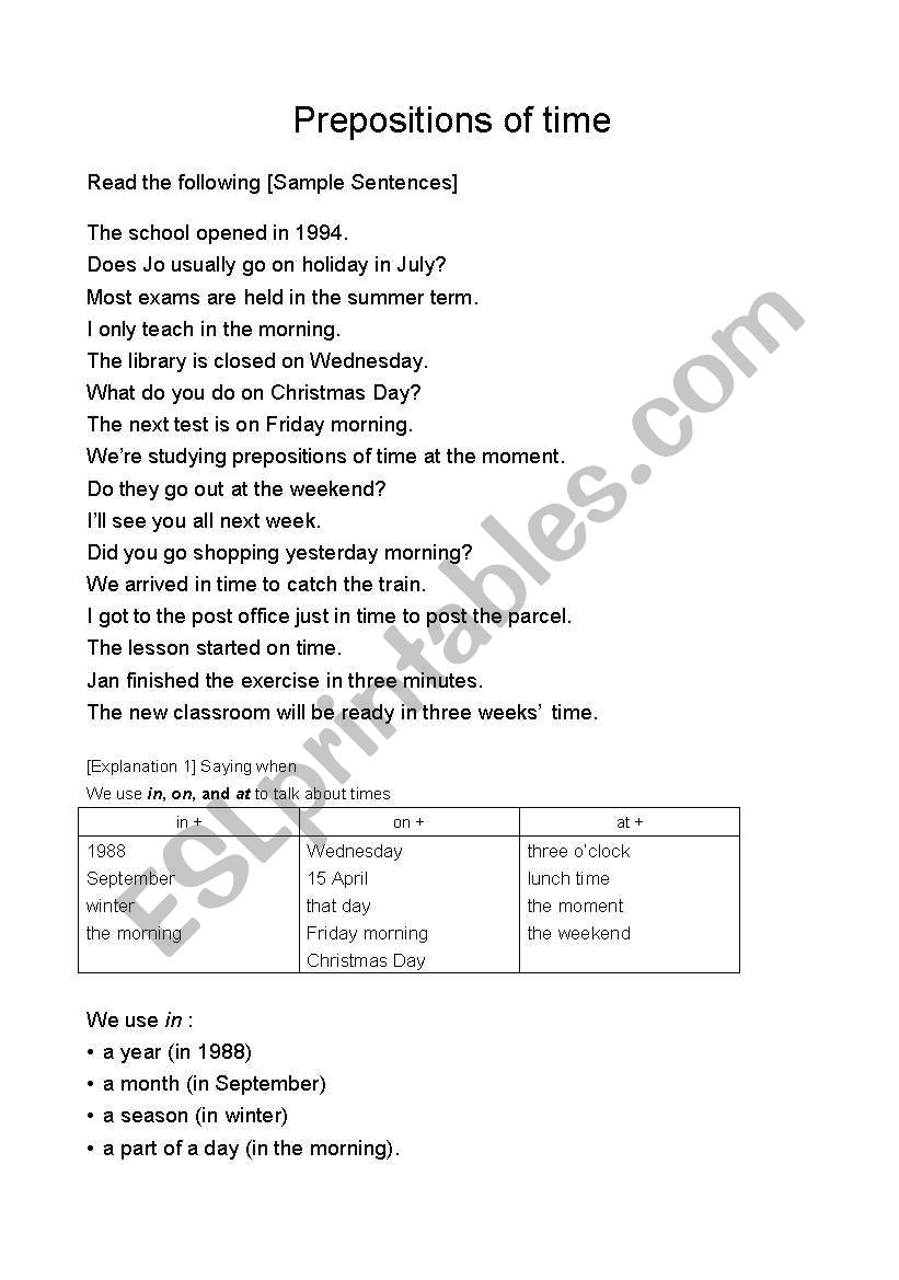 Prepositions of Time worksheet