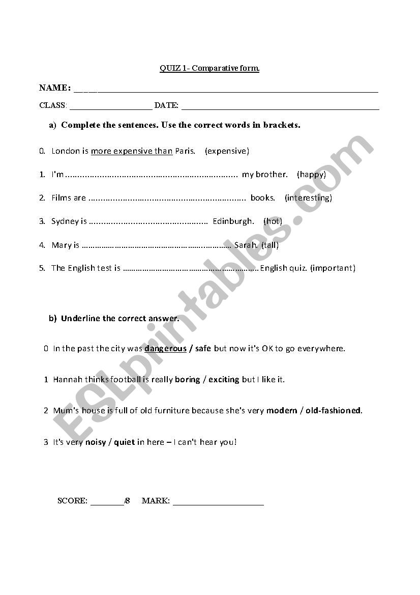 Comparative form - quiz worksheet