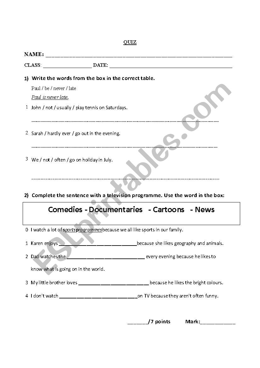 Frequency adverbs quiz worksheet