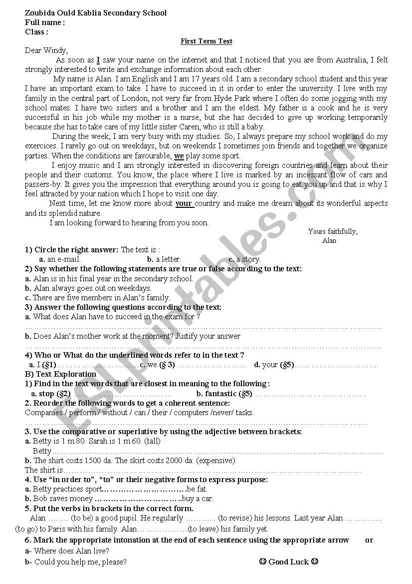 1st year test worksheet