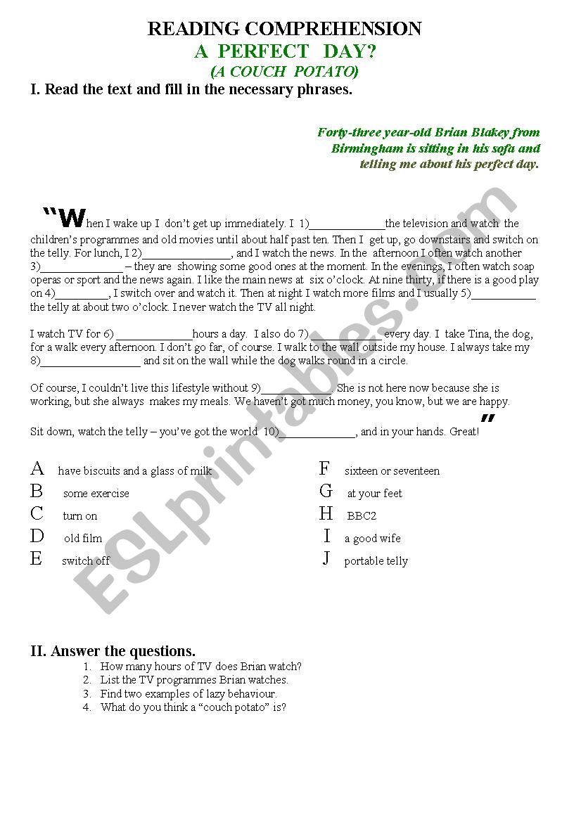 Couch Potato worksheet