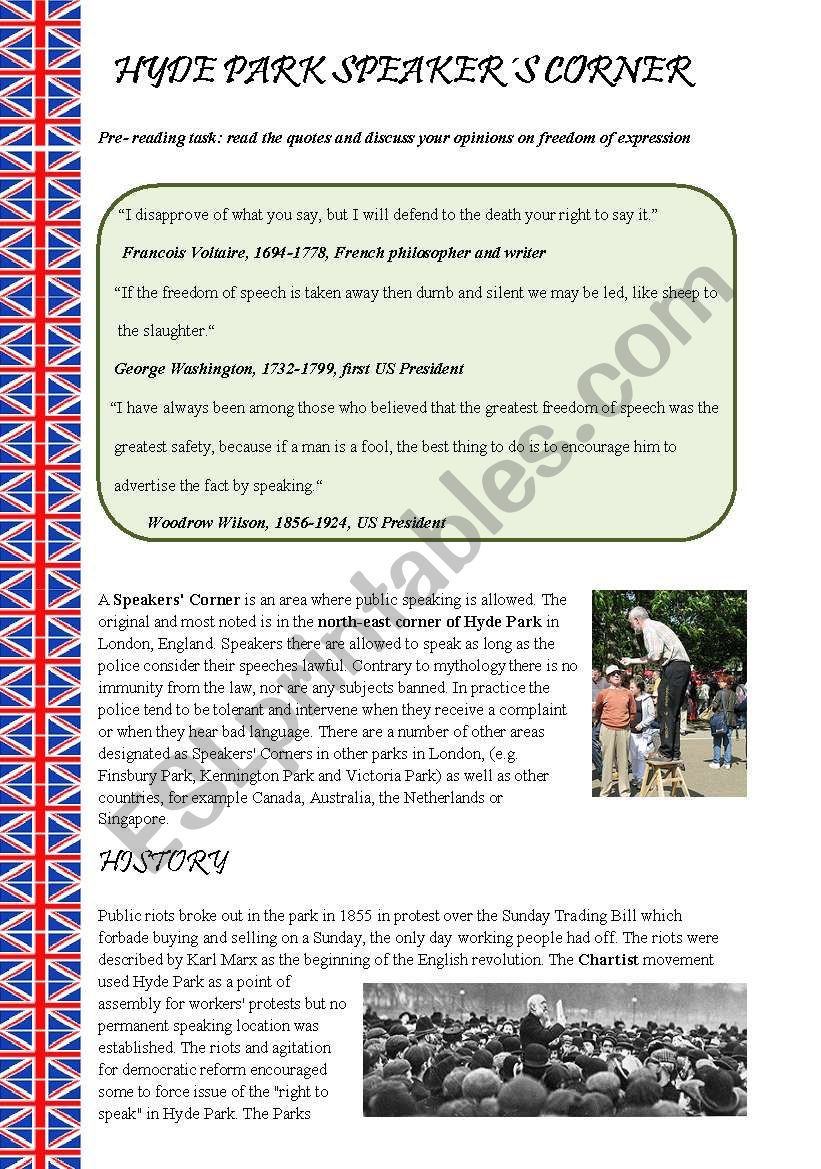 Hyde Park Speakers Corner worksheet