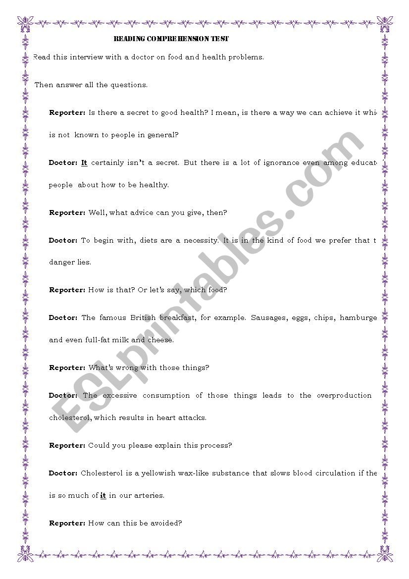 Reading Comprehension Test worksheet