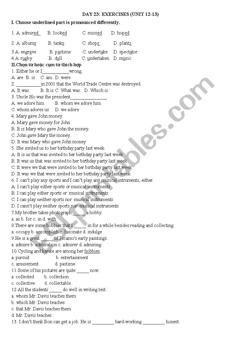 Exercises worksheet