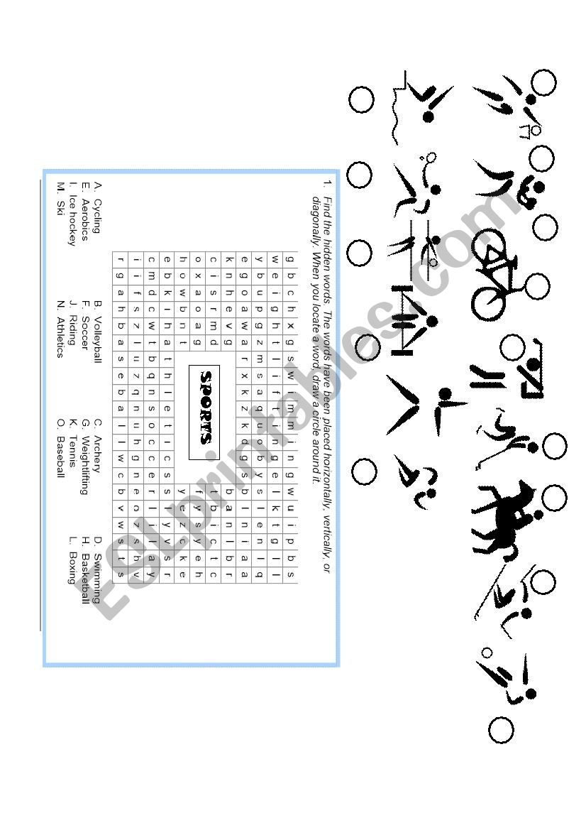 Wordsearch about sports worksheet