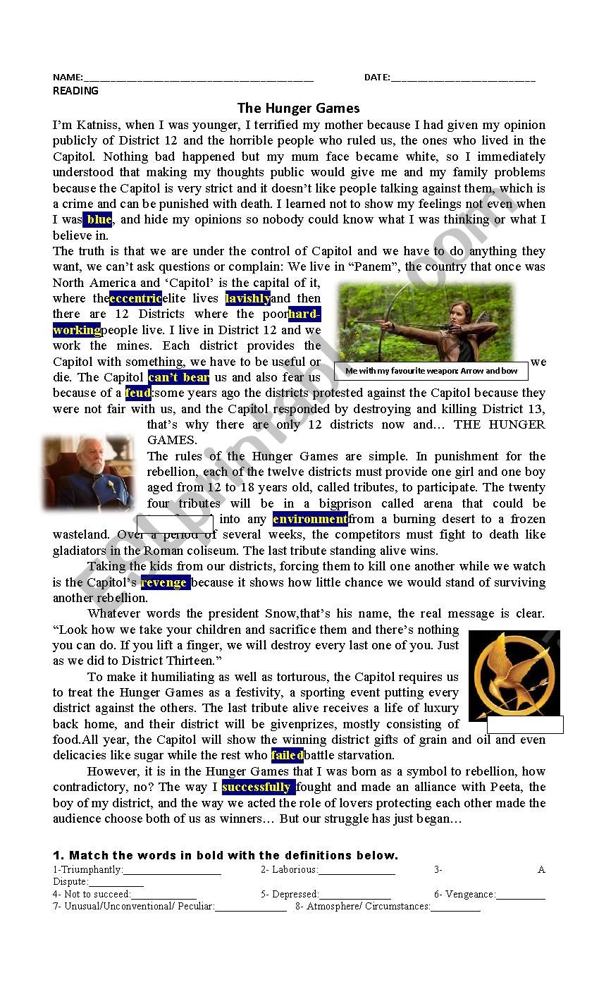 Hunger Games reading and grammar activitites