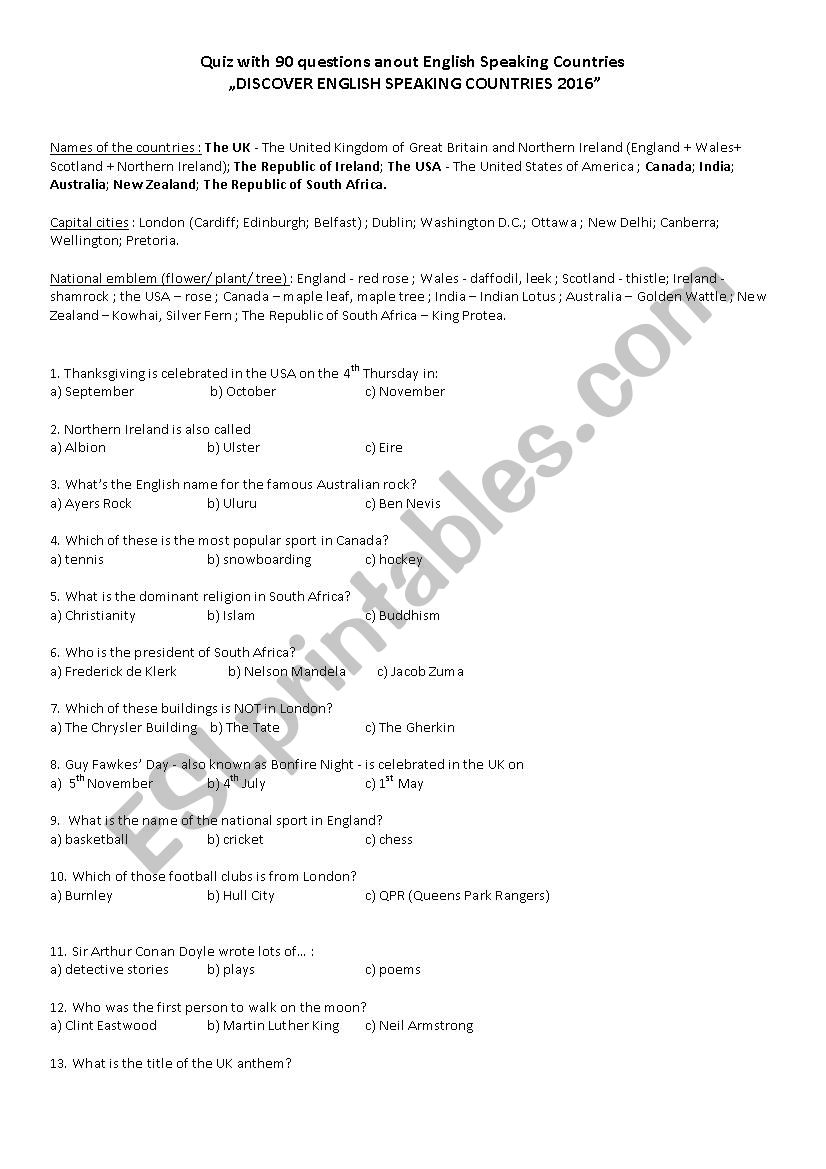 II Quiz with 90 questions about English Speaking Countries 