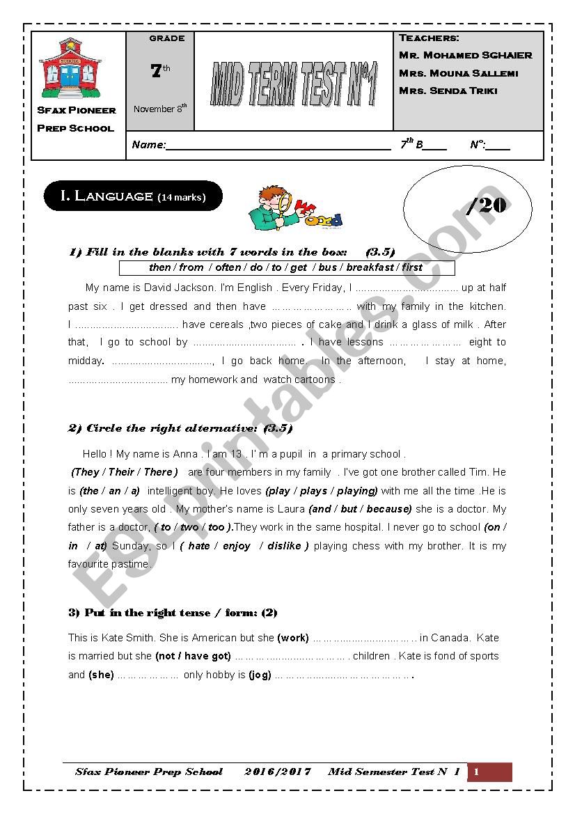 Sfax Pioneer Prep School Mid Semester 1 Test