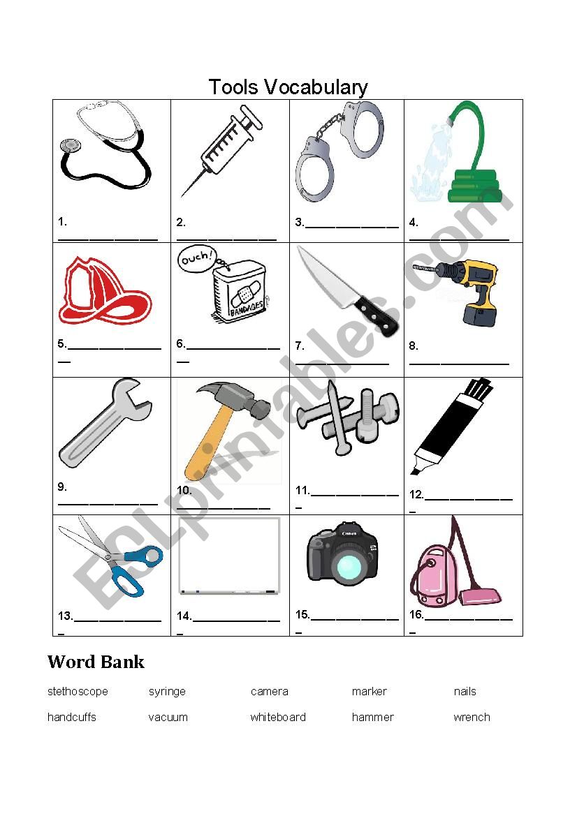 Tools Vocabulary worksheet