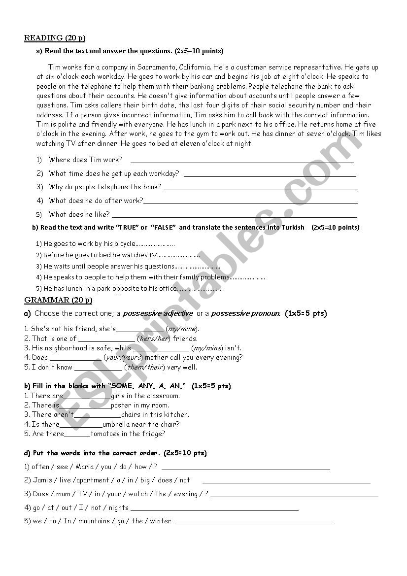 grammer and reading worksheet worksheet