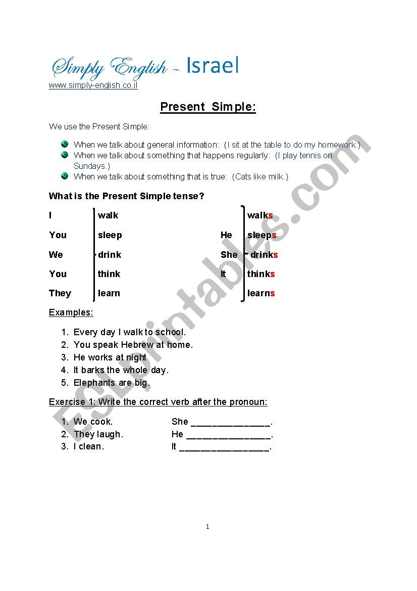 Present Simple - Explanation and Work Sheet