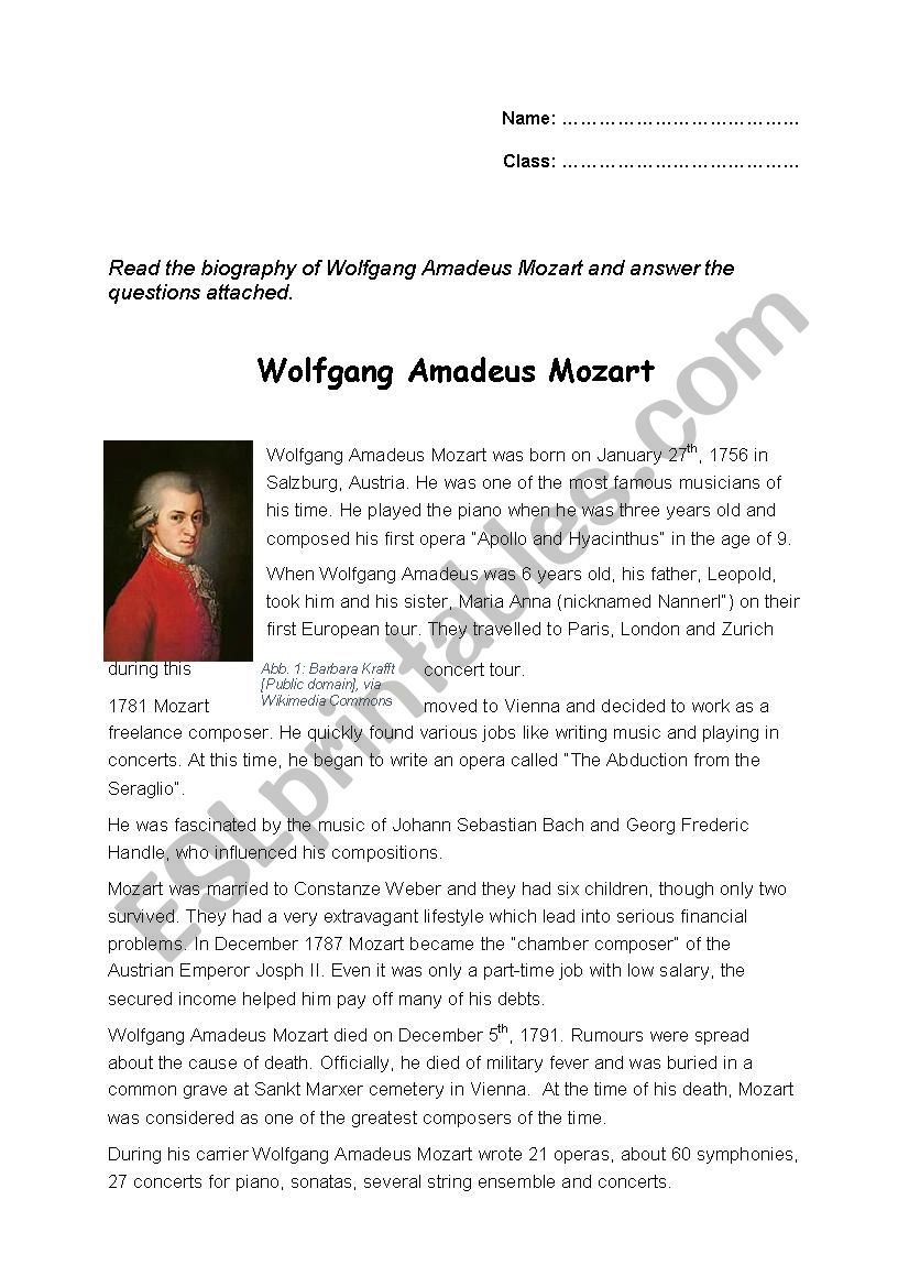Wolfgang Amadeus Mozart worksheet