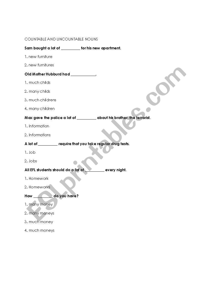 Countable and uncountable nouns exercises