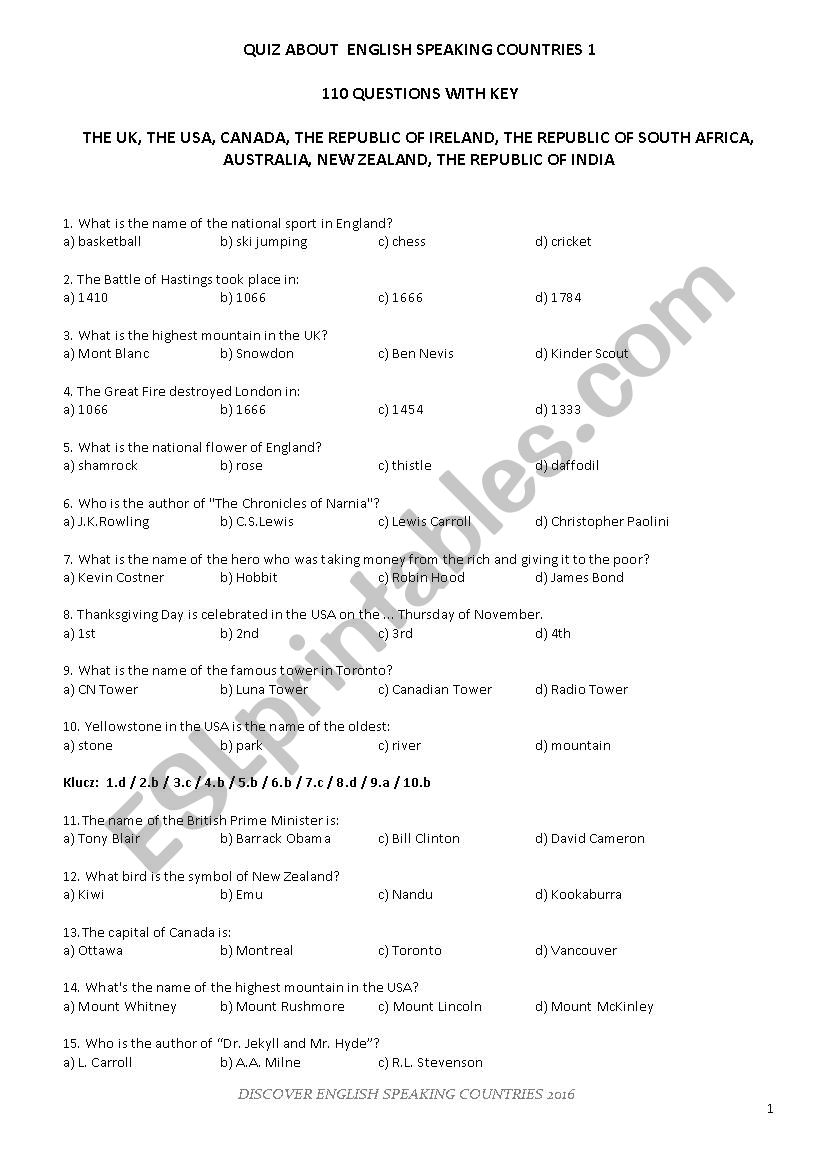 I QUIZ WITH 110 QUESTIONS WITH KEY ABOUT ENGLISH SPEAKING COUNTRIES  