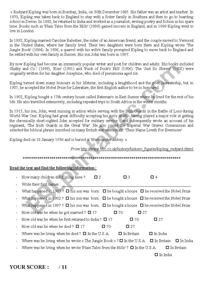 Biography Kipling worksheet