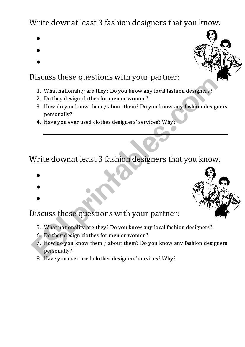 Fashion designers discussion worksheet